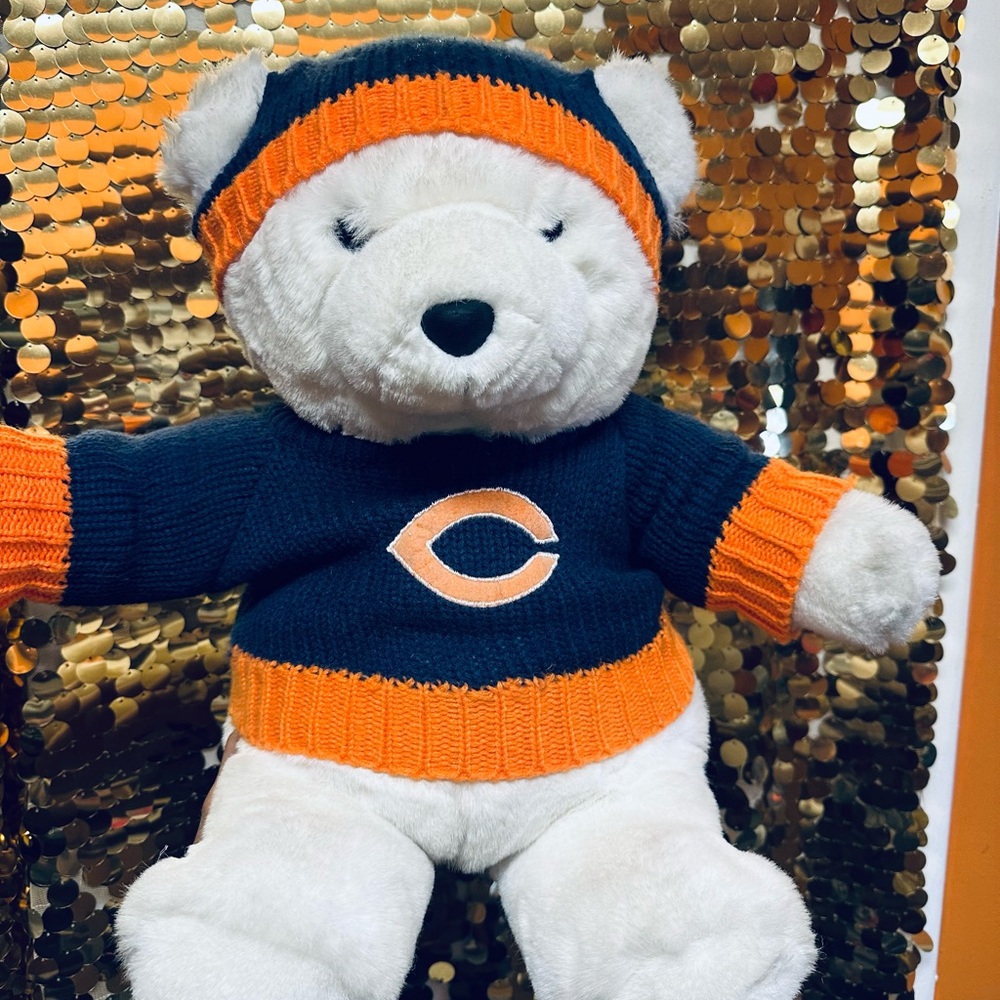 White and Navy Stuffed Bear with Orange Accents